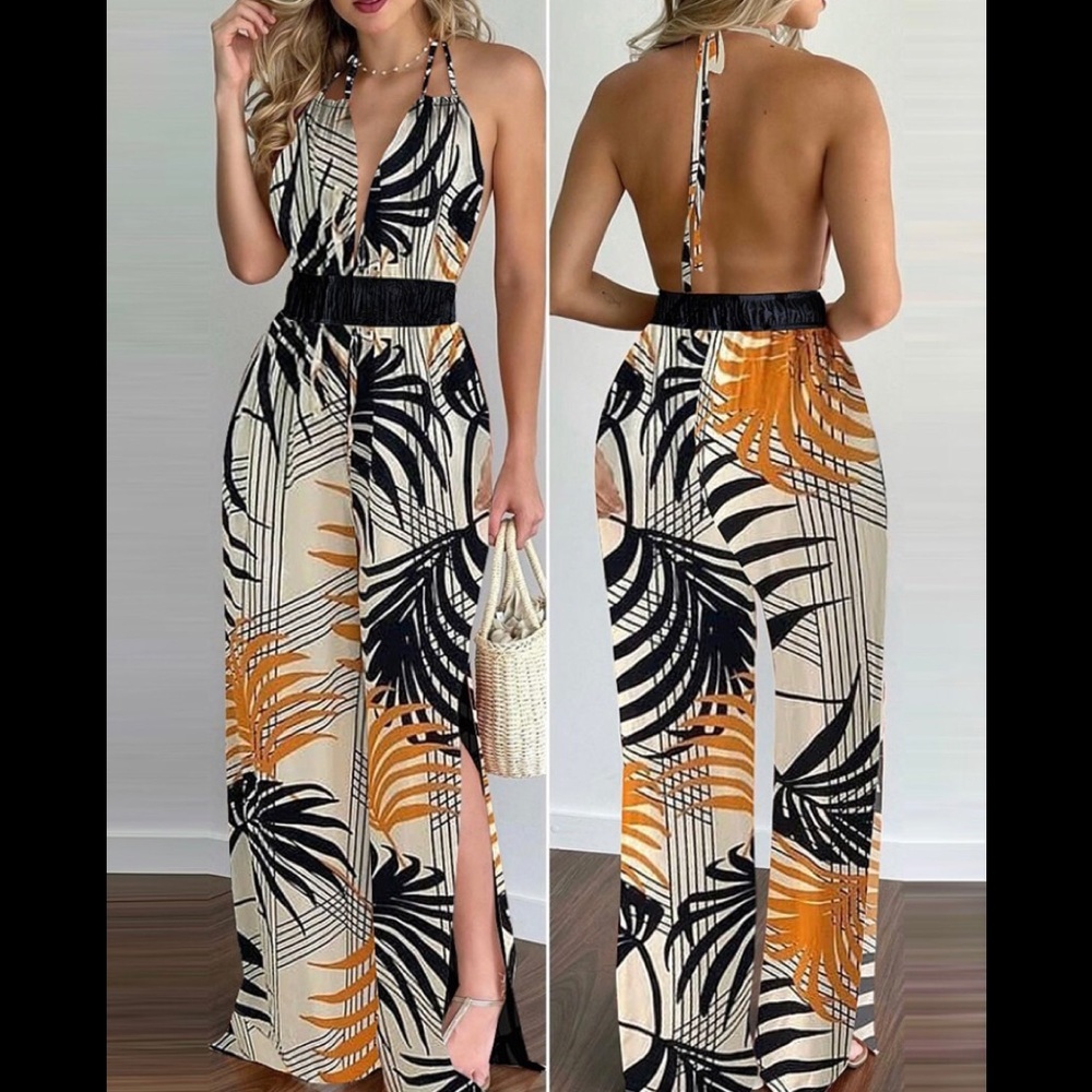 Tropical print halter V neck jumpsuit